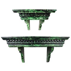 Hollywood Regency Emerald Green and Black Malachite Look Wall Shelves, a Pair