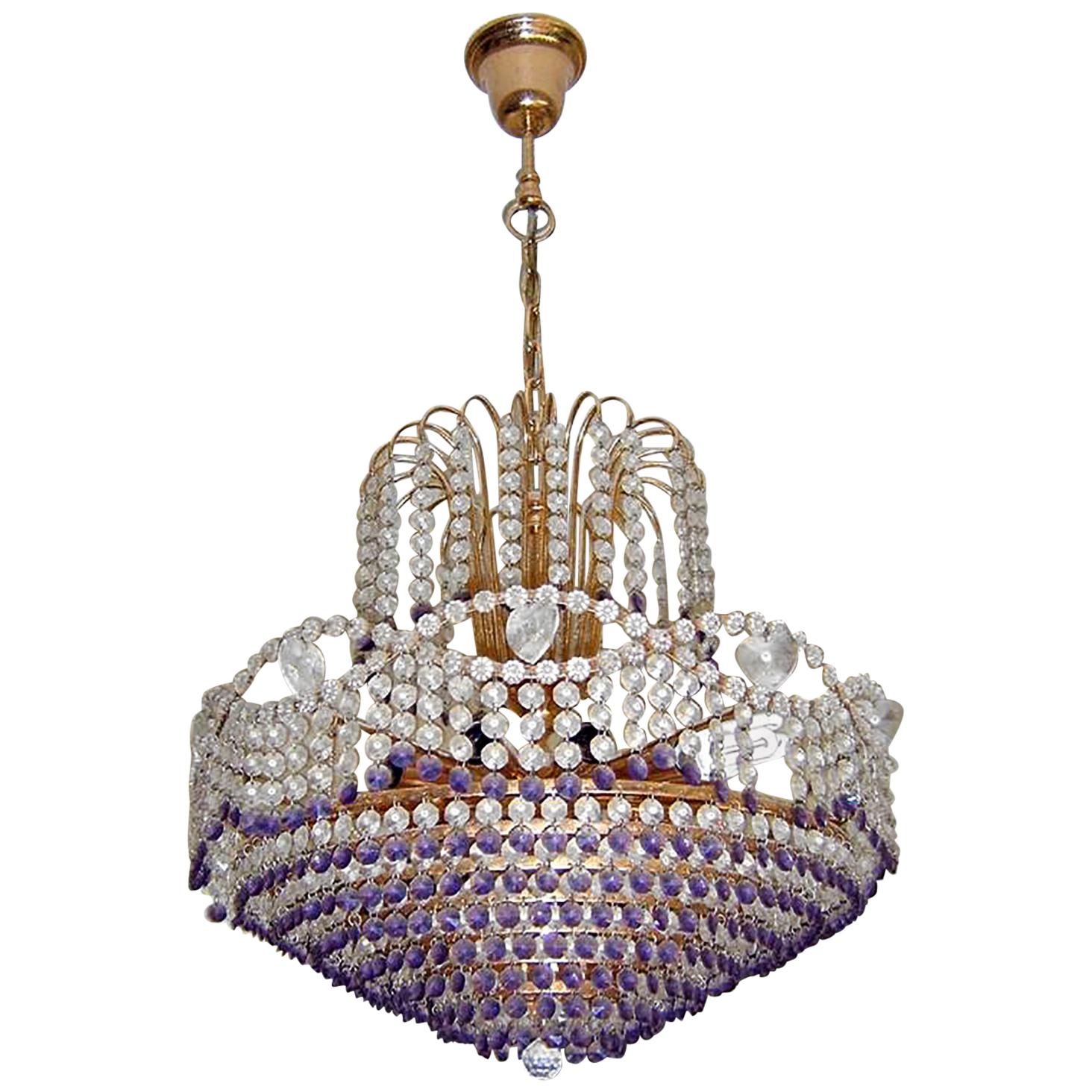 Hollywood Regency Empire Amethyst Crystal Wedding Cake 10-Light Chandelier