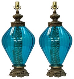 Hollywood Regency Era Blue Glass And Brass Table Lamps - Pair