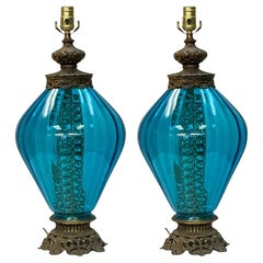 Hollywood Regency Era Blue Glass And Brass Table Lamps - Pair