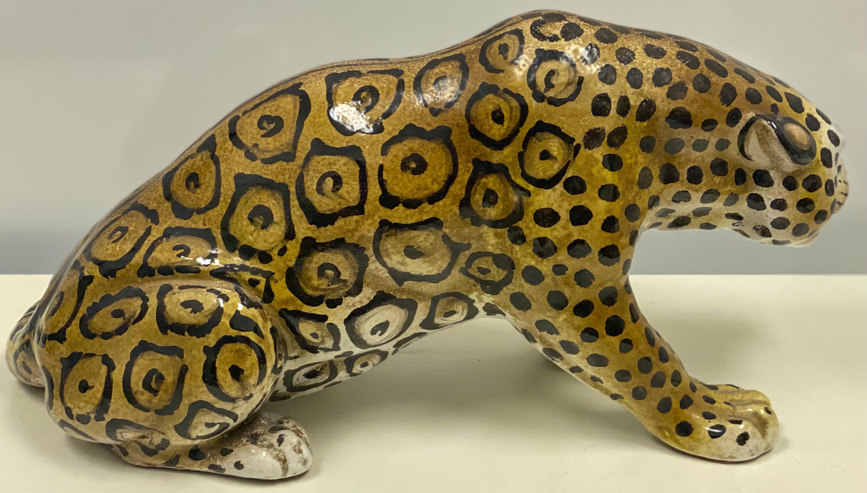 Mid-20th Century Hollywood Regency Era Crouching Italian Terracotta Leopard Figurine For Sale