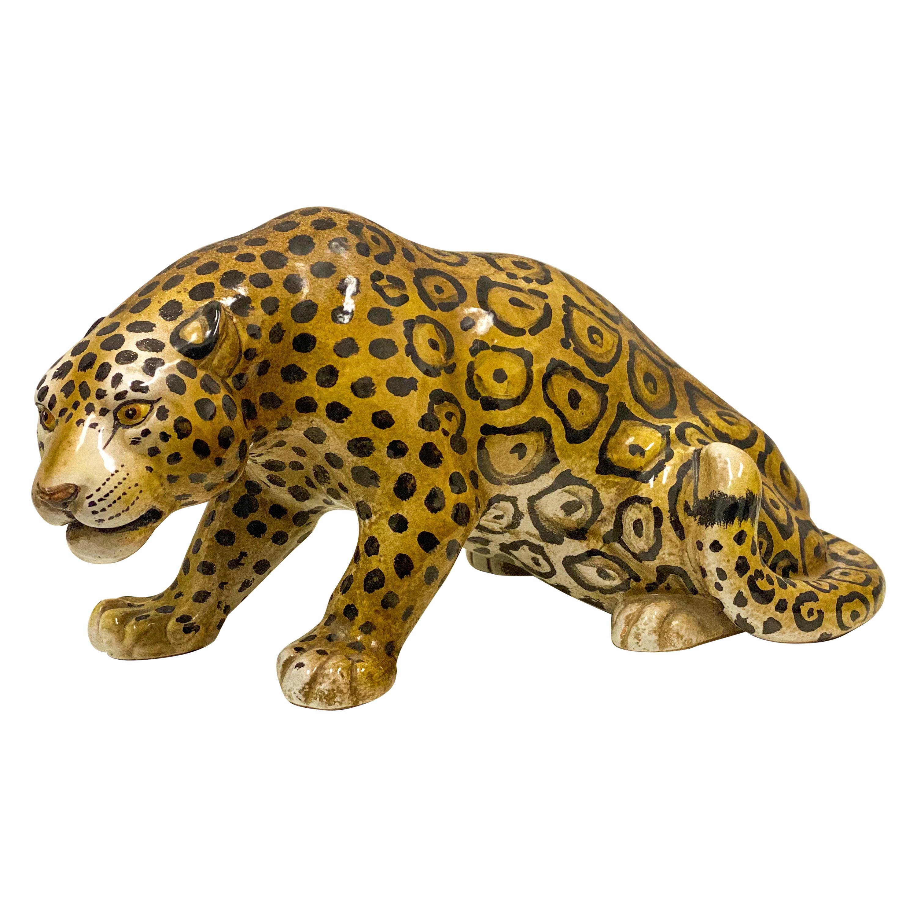 Hollywood Regency Era Crouching Italian Terracotta Leopard Figurine For Sale