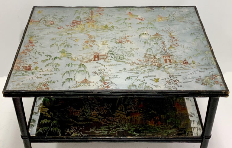 Hollywood Regency Era Faux Bamboo Églomisé Mirrored Chinoiserie Coffee Table In Good Condition For Sale In Kennesaw, GA