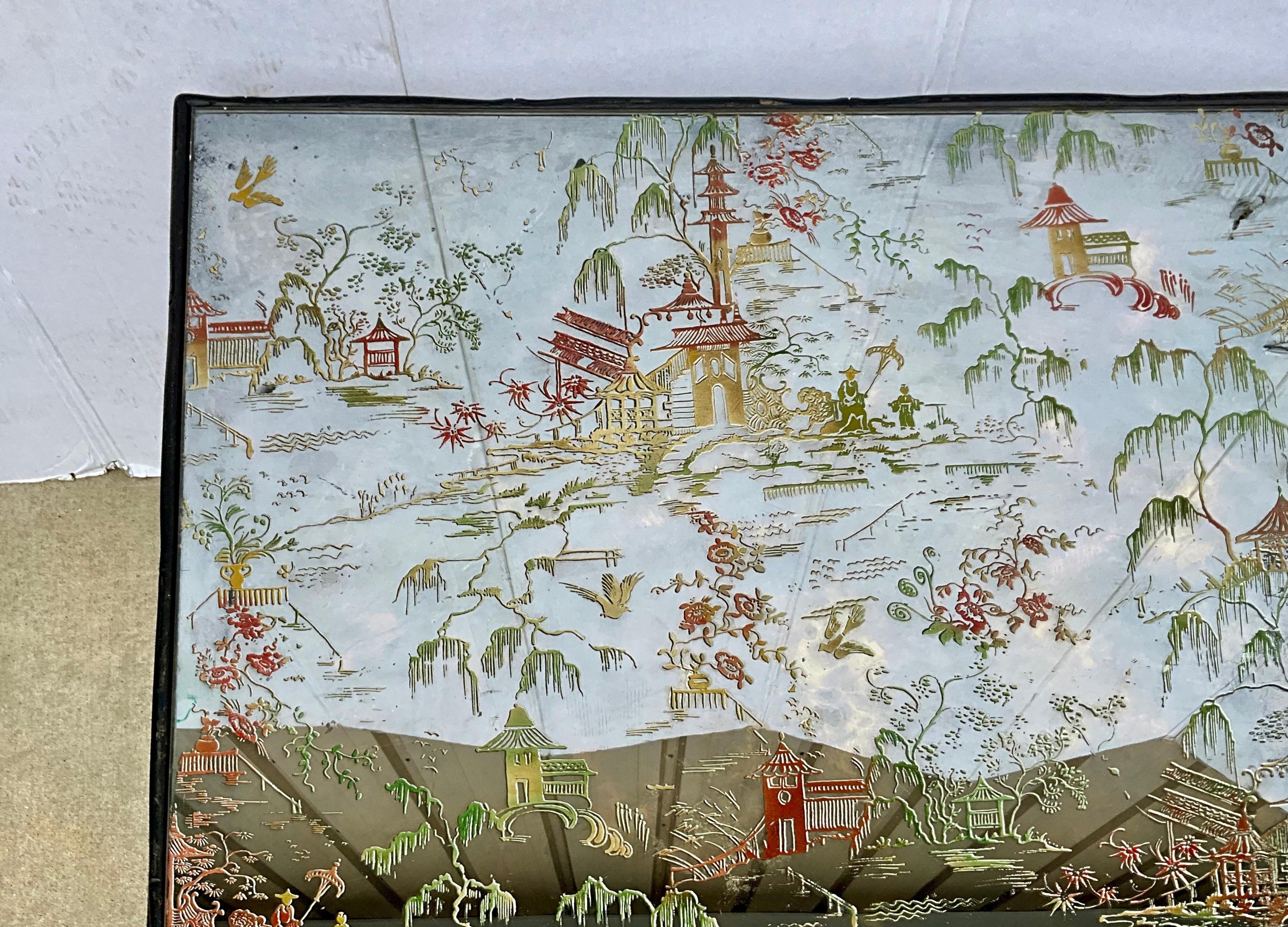 Italian Hollywood Regency Era Faux Bamboo Églomisé Mirrored Chinoiserie Coffee Table