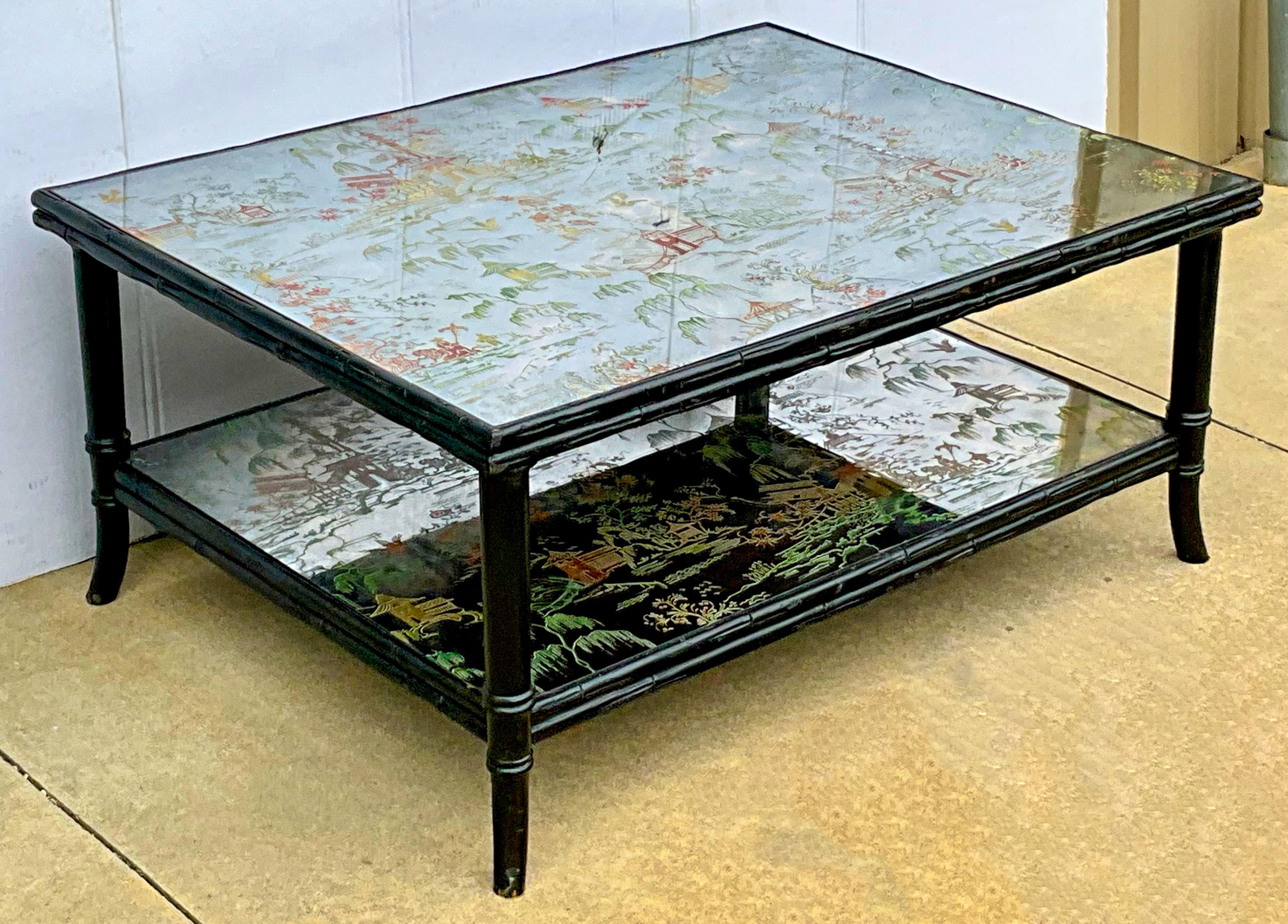 Hollywood Regency Era Faux Bamboo Églomisé Mirrored Chinoiserie Coffee Table In Good Condition In Kennesaw, GA
