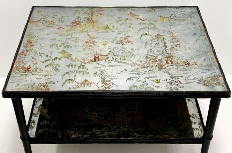 Hollywood Regency Era Faux Bamboo Églomisé Mirrored Chinoiserie Coffee Table For Sale 1