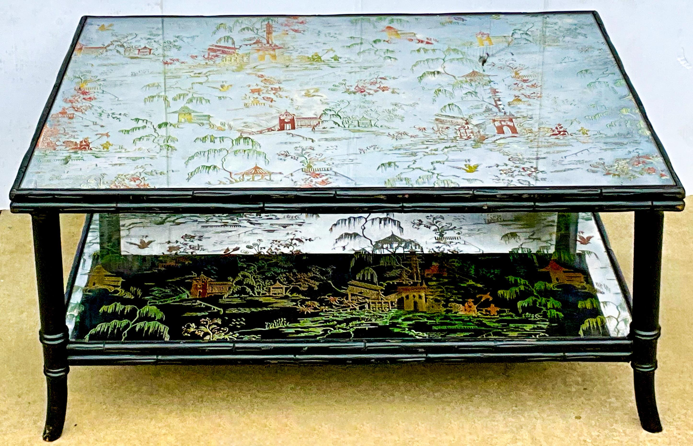 Hollywood Regency Era Faux Bamboo Églomisé Mirrored Chinoiserie Coffee Table 1