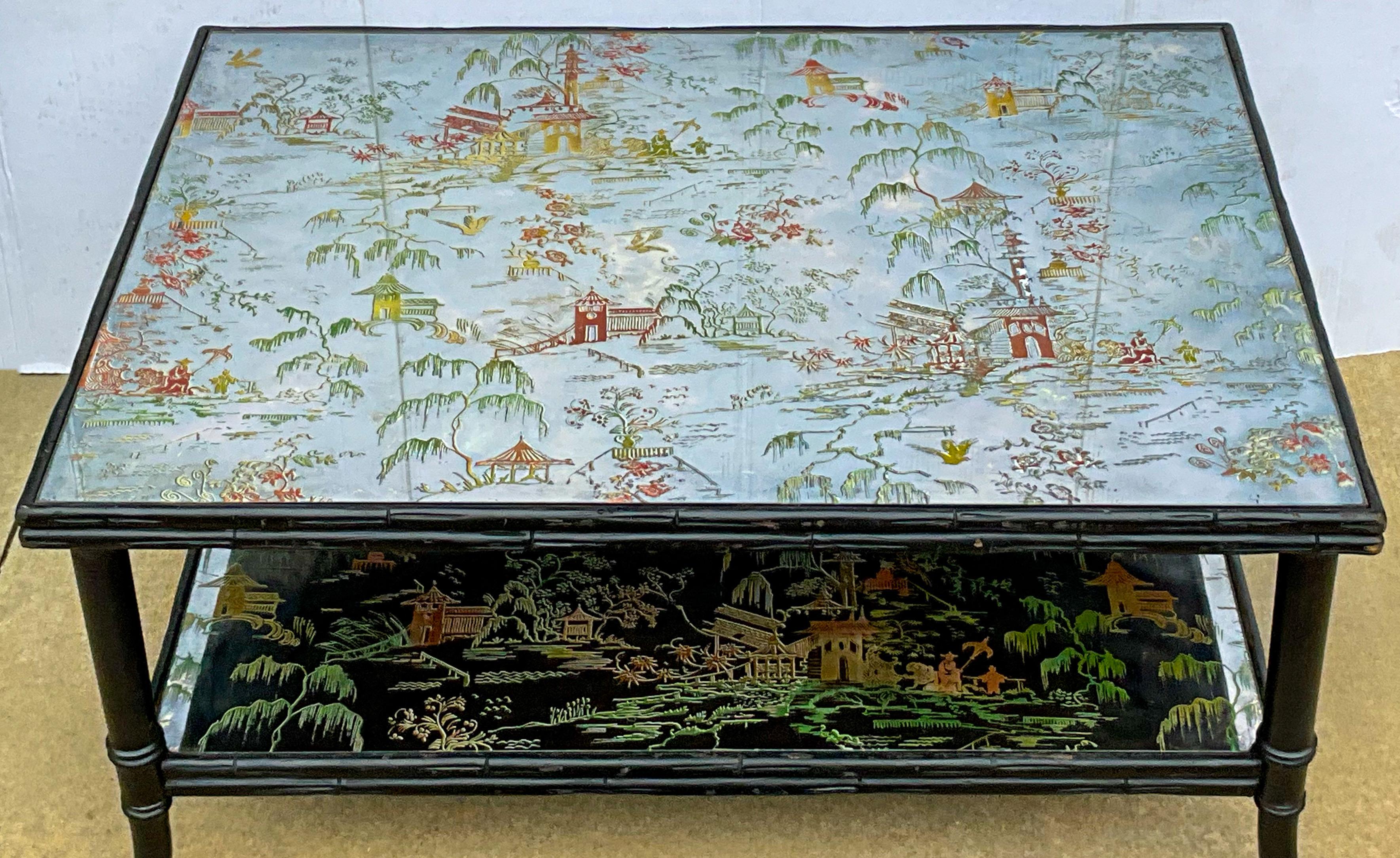 Hollywood Regency Era Faux Bamboo Églomisé Mirrored Chinoiserie Coffee Table 2