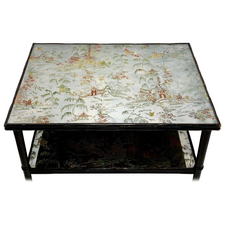 Hollywood Regency Era Faux Bamboo Églomisé Mirrored Chinoiserie Coffee Table For Sale