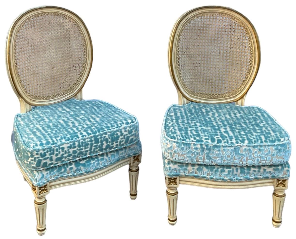 Upholstery Hollywood Regency Era French Style Painted Slipper Chairs In Cut Velvet -Pair For Sale