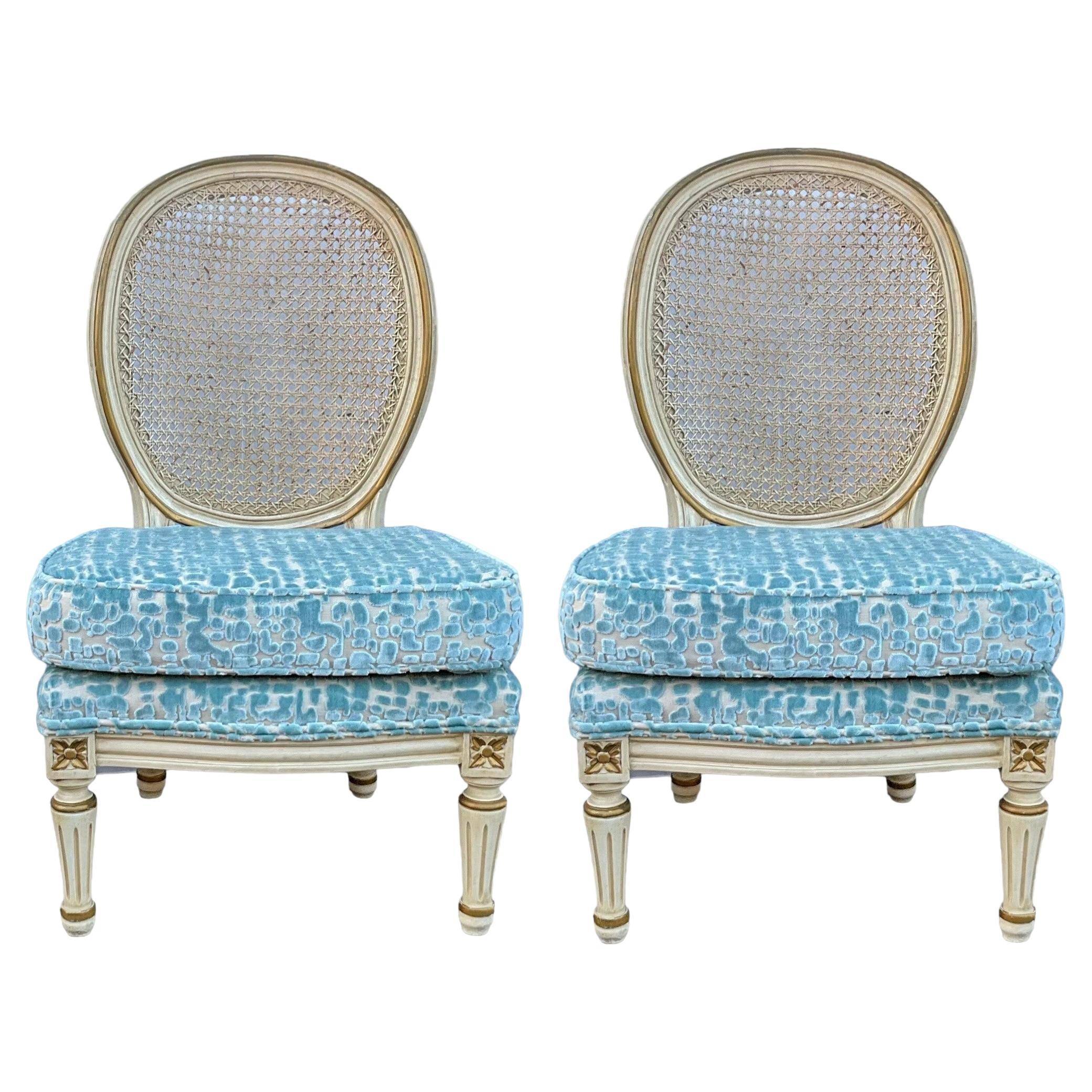 Hollywood Regency Era French Style Painted Slipper Chairs In Cut Velvet -Pair For Sale