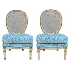 Hollywood Regency Era French Style Painted Slipper Chairs In Cut Velvet -Pair