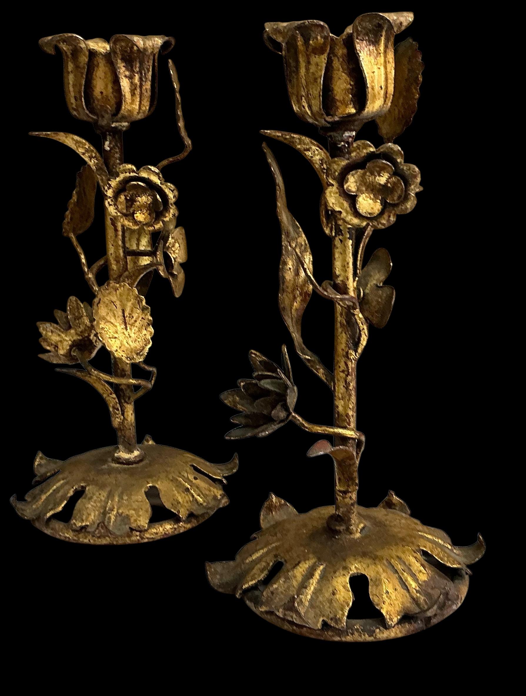 Hollywood Regency Era Italian Gilt Tole Metal Floral Candlesticks - Pair For Sale 6