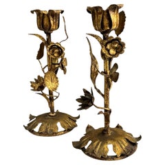 Hollywood Regency Era Italian Gilt Tole Metal Floral Candlesticks - Pair