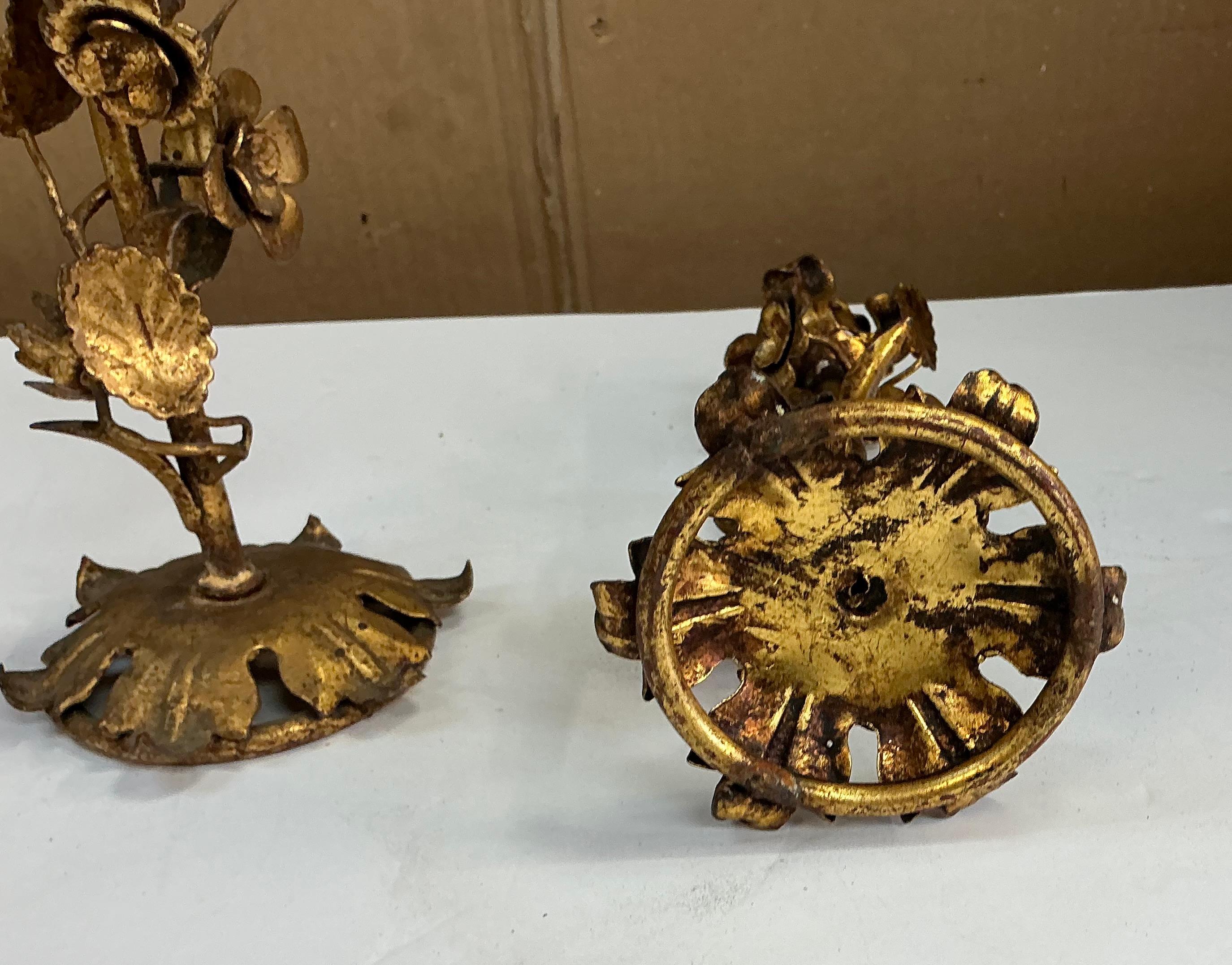 20th Century Hollywood Regency Era Italian Gilt Tole Metal Floral Candlesticks - Pair For Sale