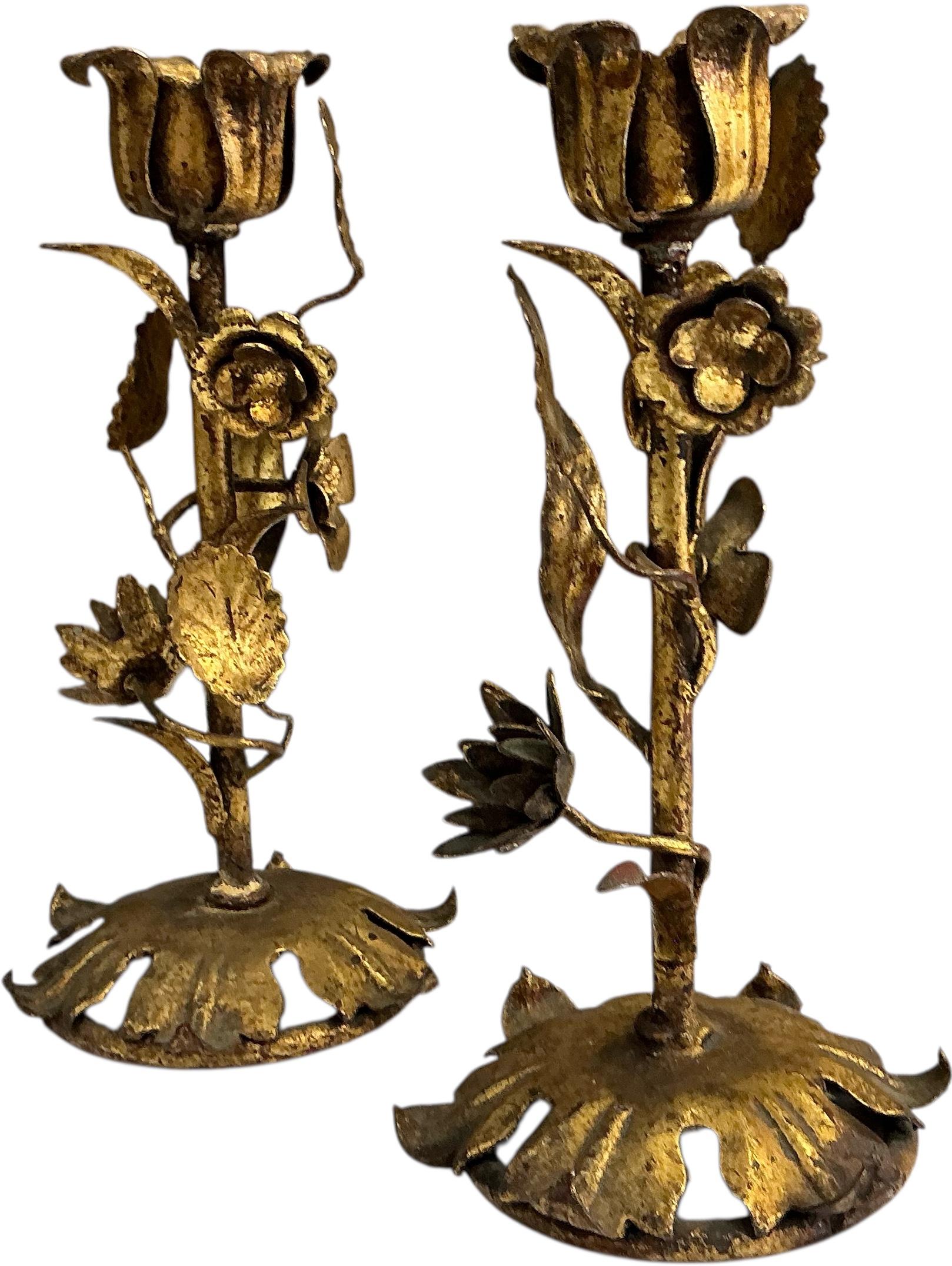 Hollywood Regency Era Italian Gilt Tole Metal Floral Candlesticks - Pair For Sale 5