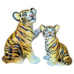 Hollywood Regency Era Italian Hand Painted Ceramic Tigers - S/2