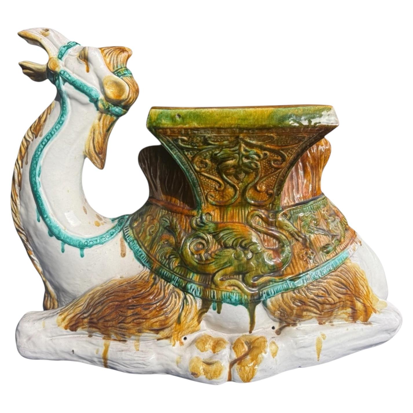 Hollywood Regency Era Italian Terracotta Majolica Camel Form Garden Stool Table