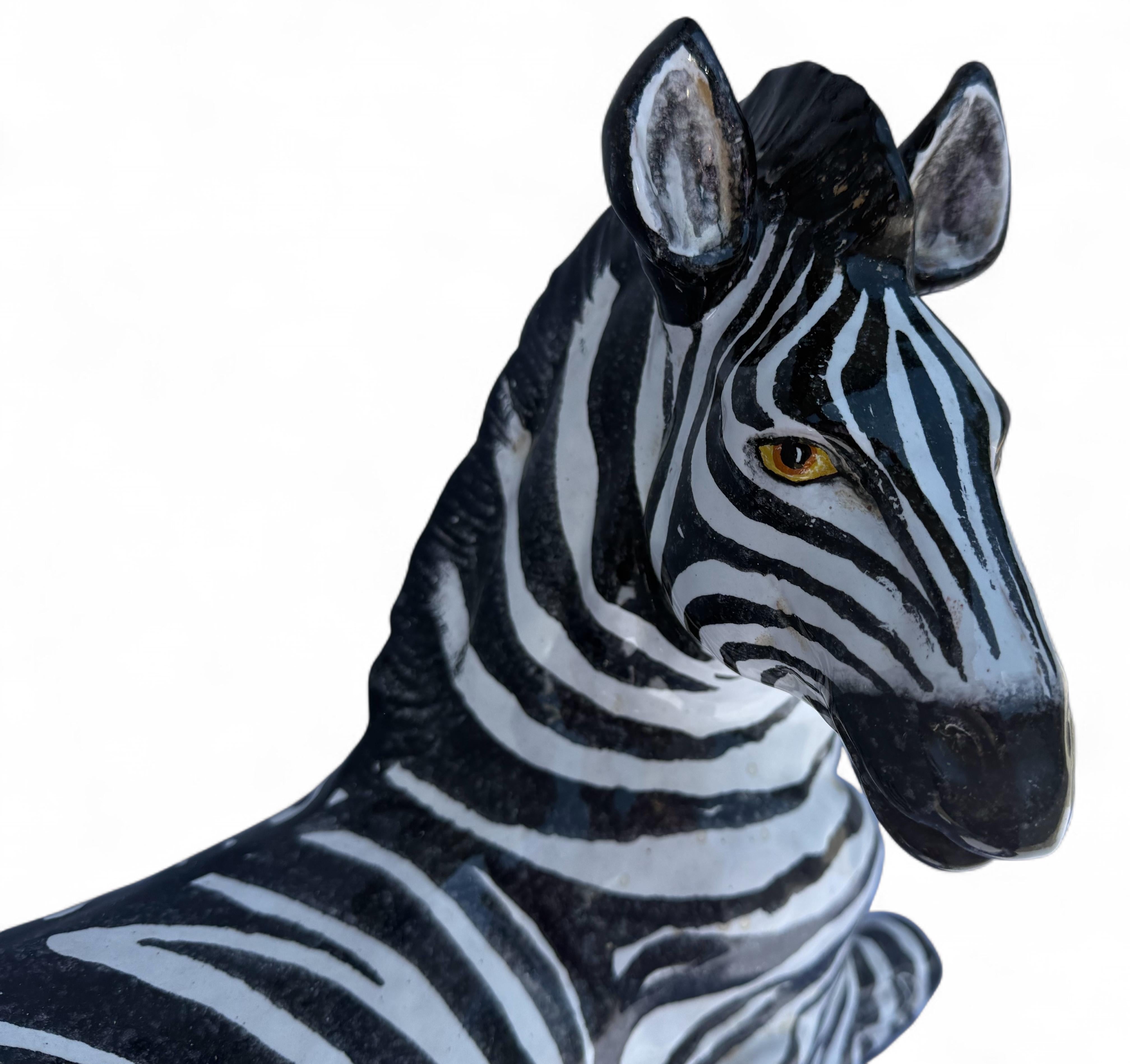 Hollywood Regency Era Italian Terracotta Zebra Figurine w/ Majolica Glaze In Good Condition For Sale In Kennesaw, GA