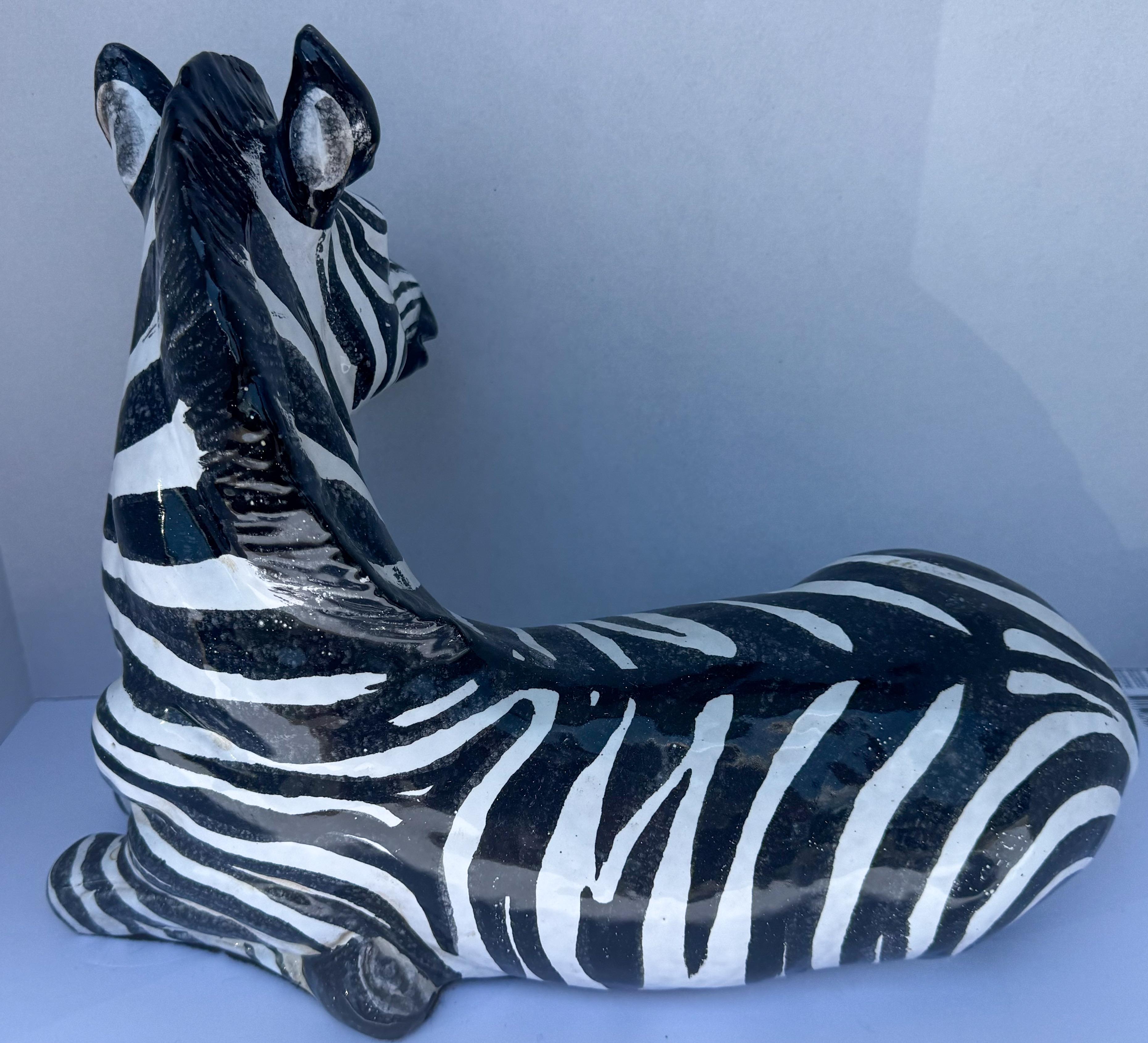 20th Century Hollywood Regency Era Italian Terracotta Zebra Figurine w/ Majolica Glaze For Sale