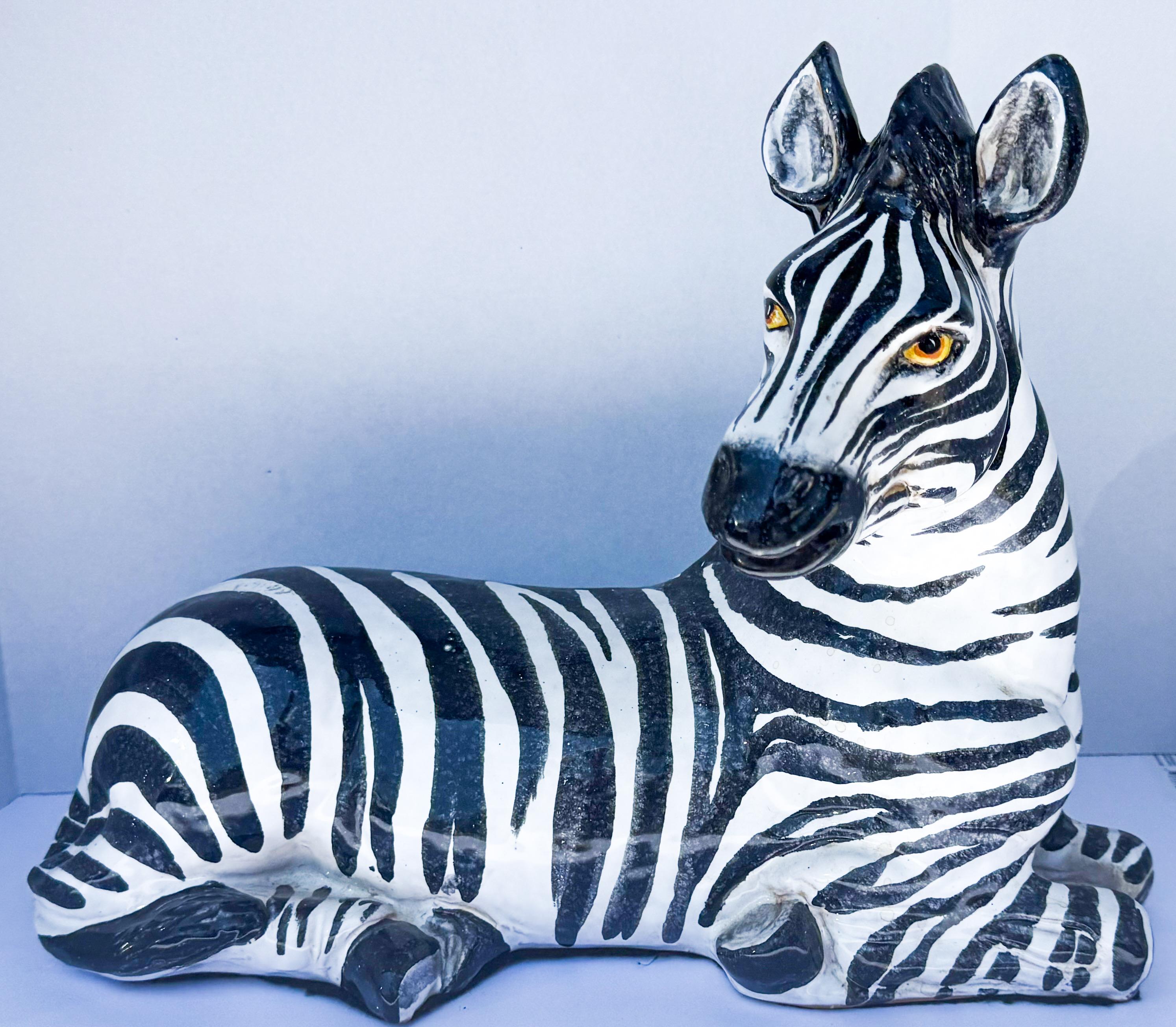Hollywood Regency Era Italian Terracotta Zebra Figurine w/ Majolica Glaze For Sale 1