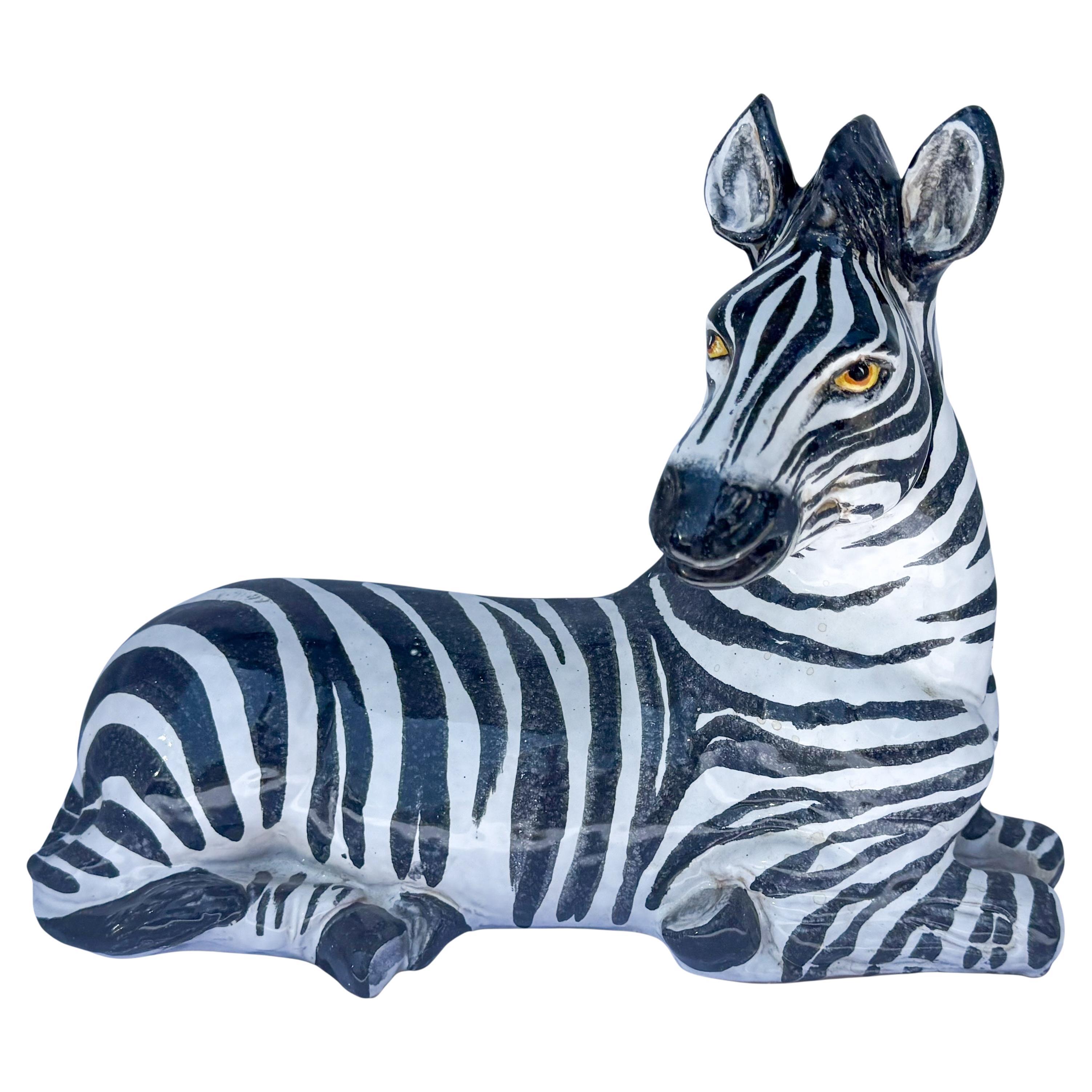 Hollywood Regency Era Italian Terracotta Zebra Figurine w/ Majolica Glaze For Sale