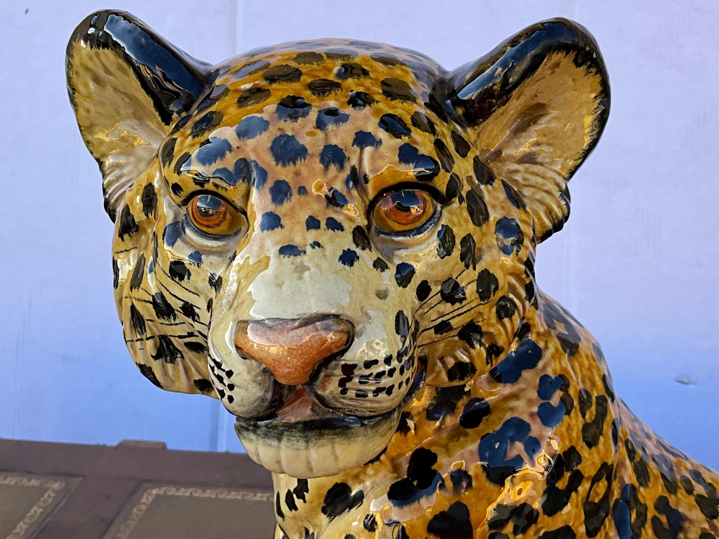 Hollywood Regency Era Large Italian Terracotta Leopard Cub Figurine In Good Condition In Kennesaw, GA