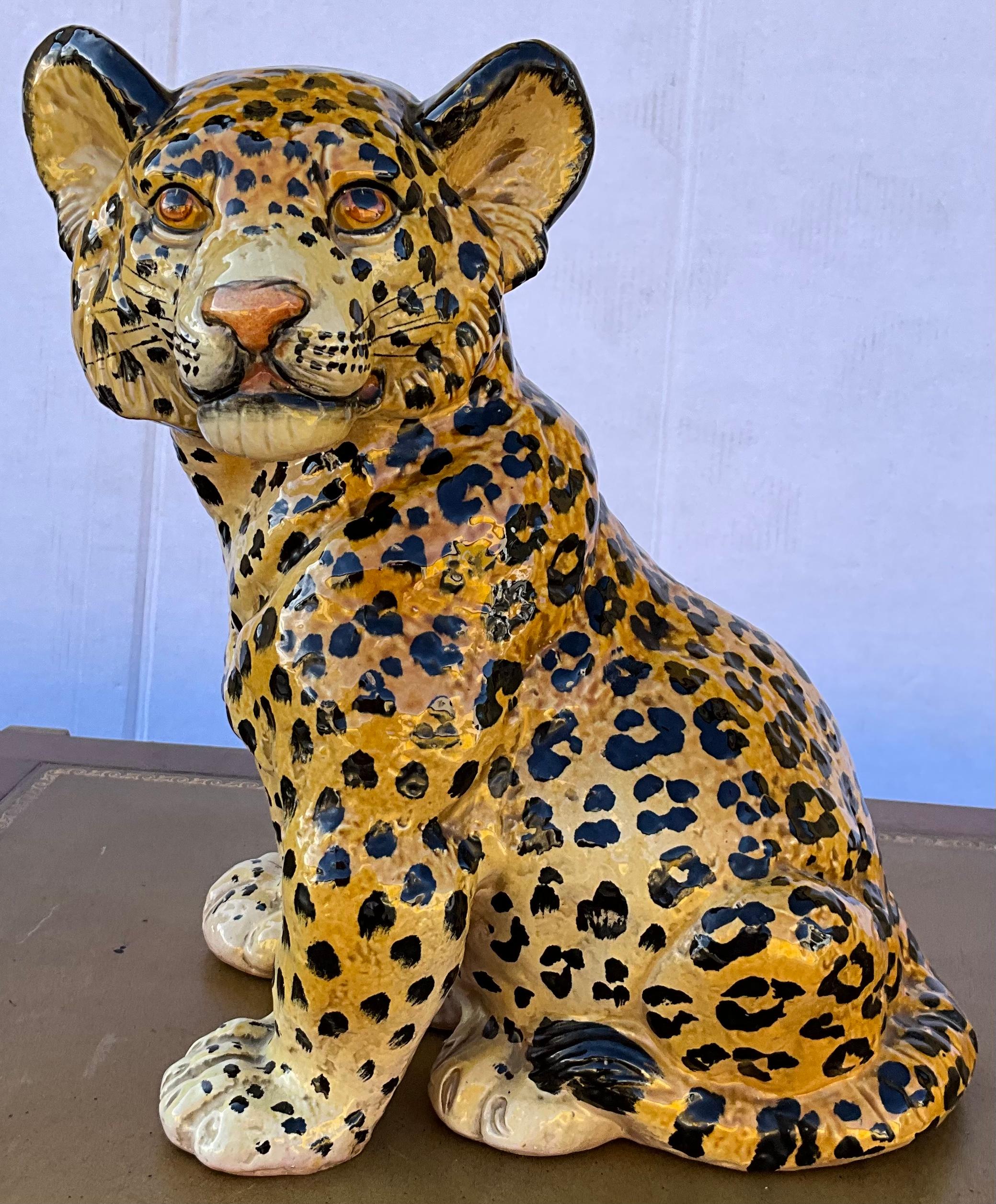 20th Century Hollywood Regency Era Large Italian Terracotta Leopard Cub Figurine