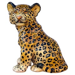 Vintage Hollywood Regency Era Large Italian Terracotta Leopard Cub Figurine