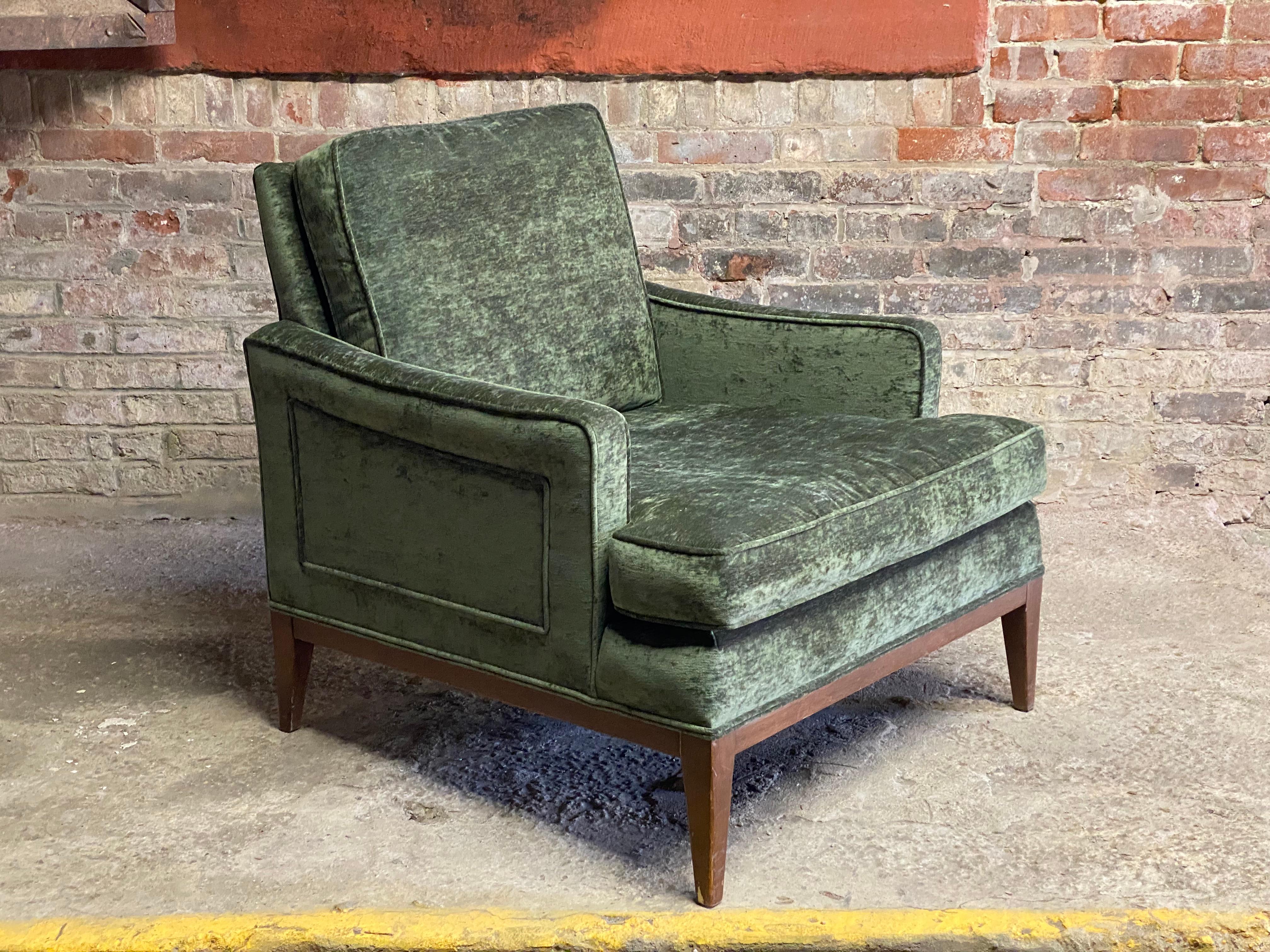Luxurious Hollywood Regency Era upholstered armchair. Reupholstered in new Crypton sage green crushed velvet and cushions. Crypton fabric is one of the most coveted fabrics due to its durability and stain resisting features. Great comfort is just