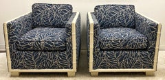 Hollywood Regency Era Navy Blue Faux Bamboo and Banana Leaf Club Chairs, a Pair