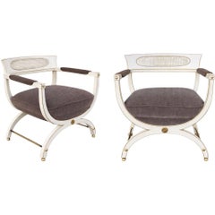 Hollywood Regency Era Neo-Classical Klismos Style Chairs Velvet Upholstery -Pair