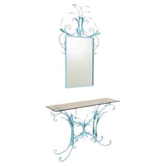 Hollywood Regency Era Wheat Form Tole Blue And White Console Table & Mirror