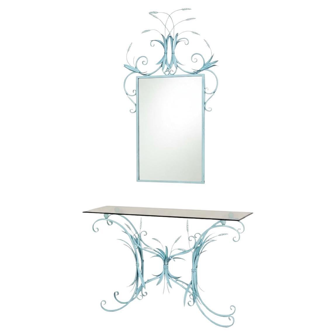 Hollywood Regency Era Wheat Form Tole Blue And White Console Table 
Mirror