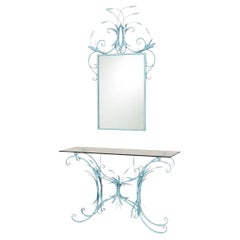 Hollywood Regency Era Wheat Form Tole Blue And White Console Table & Mirror