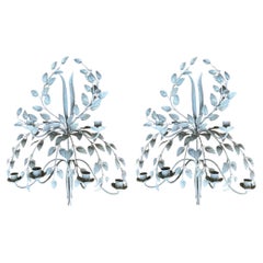 Hollywood Regency Era White Tole Six Light Leaf Motif Metal Wall Sconces - Pair