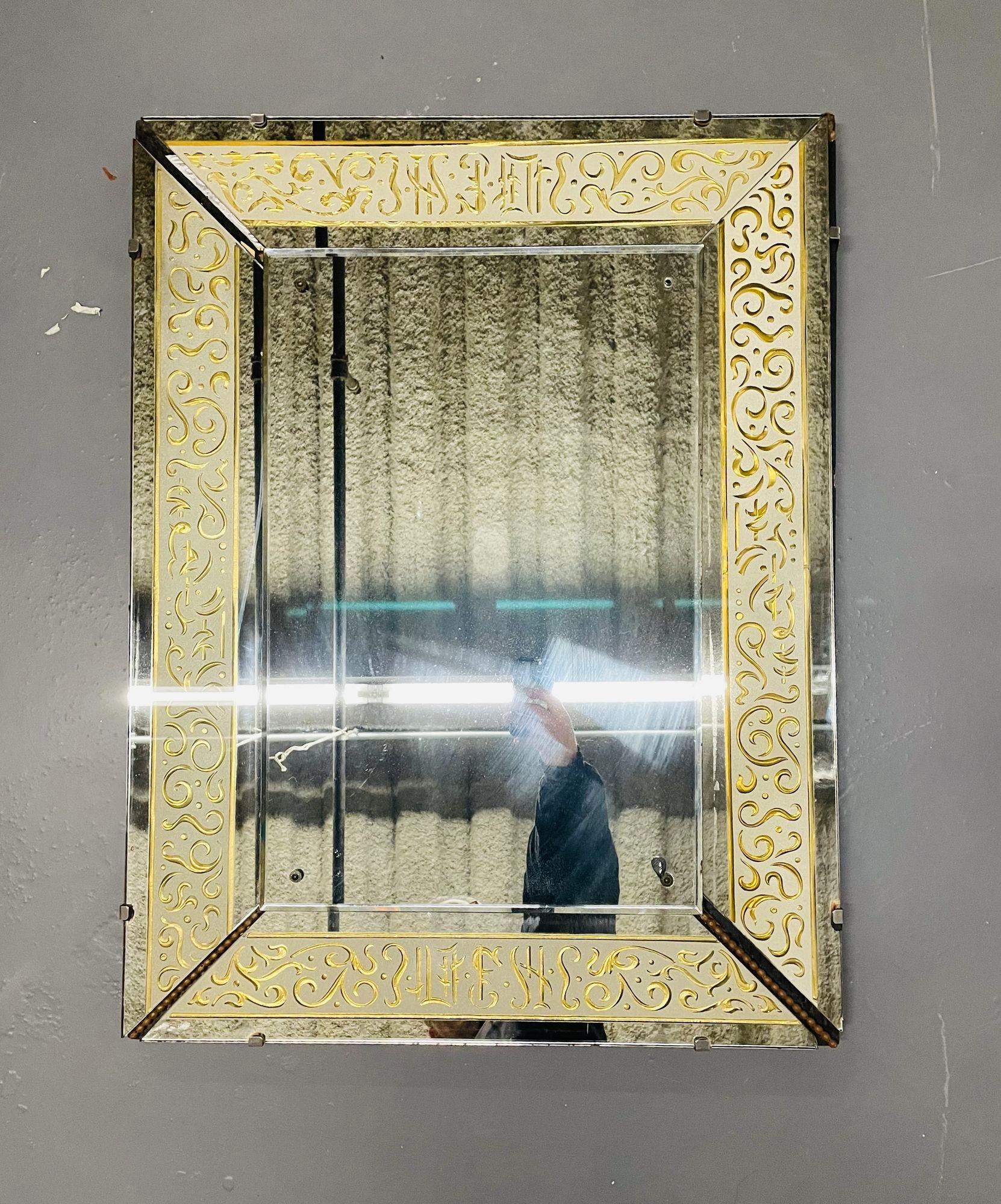 Hollywood Regency Etched Frosted Glass Framed Bevelled Wall or Console Mirror For Sale 3