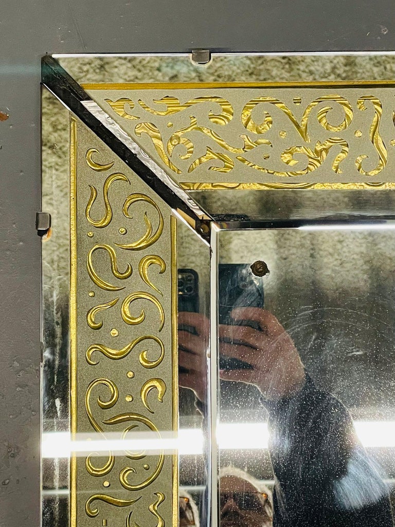 Hollywood Regency Etched Frosted Glass Framed Bevelled Wall or Console