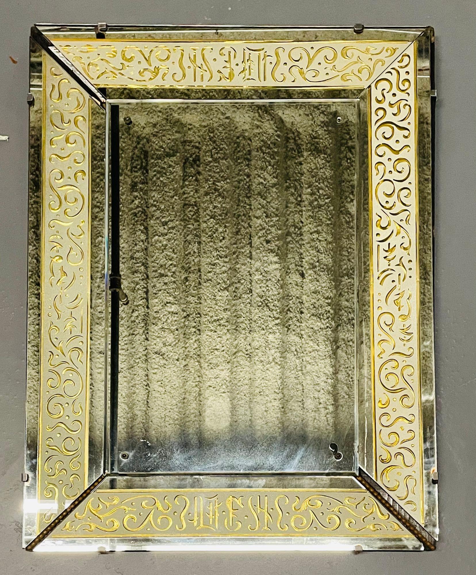 Hollywood Regency Etched Frosted Glass Framed Bevelled Wall or Console Mirror For Sale 2