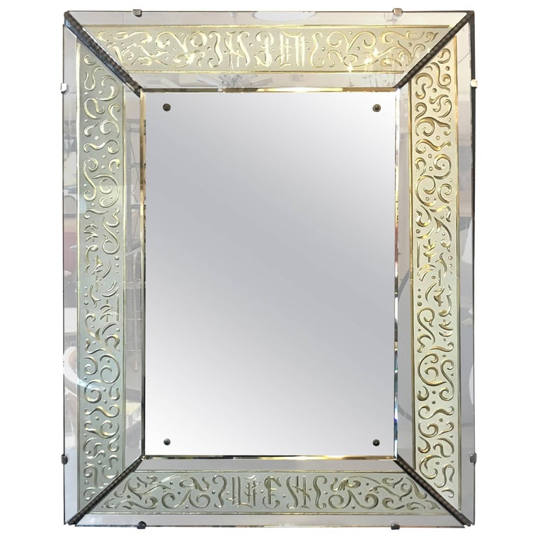 Hollywood Regency Etched Frosted Glass Framed Bevelled Wall or Console
