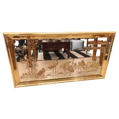 Hollywood Regency Etched Mirror with Gold Eglomise Decoration and Brass Frame