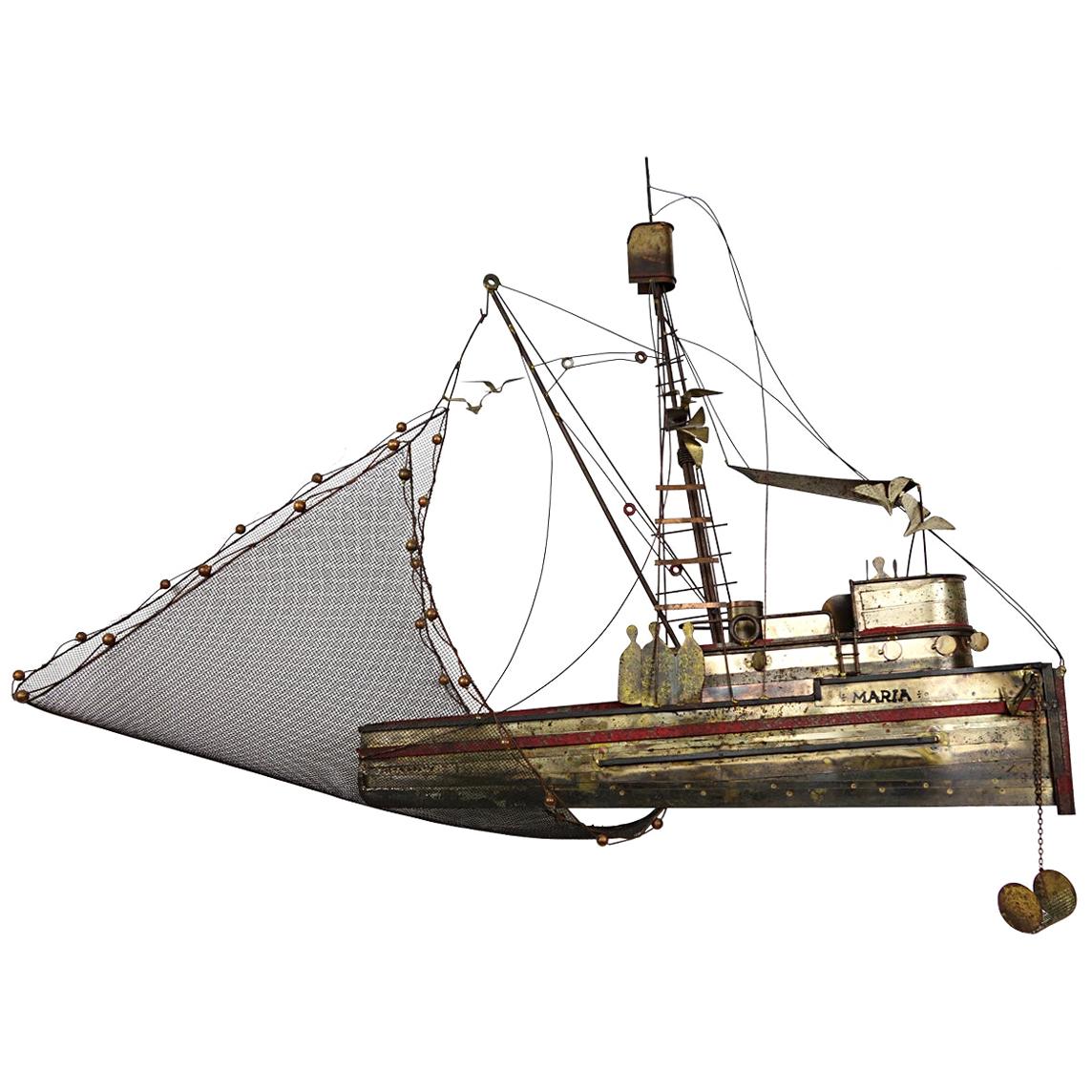 Hollywood Regency Extra Large Brass Fishing Boat " Maria " by Curtis Jeré