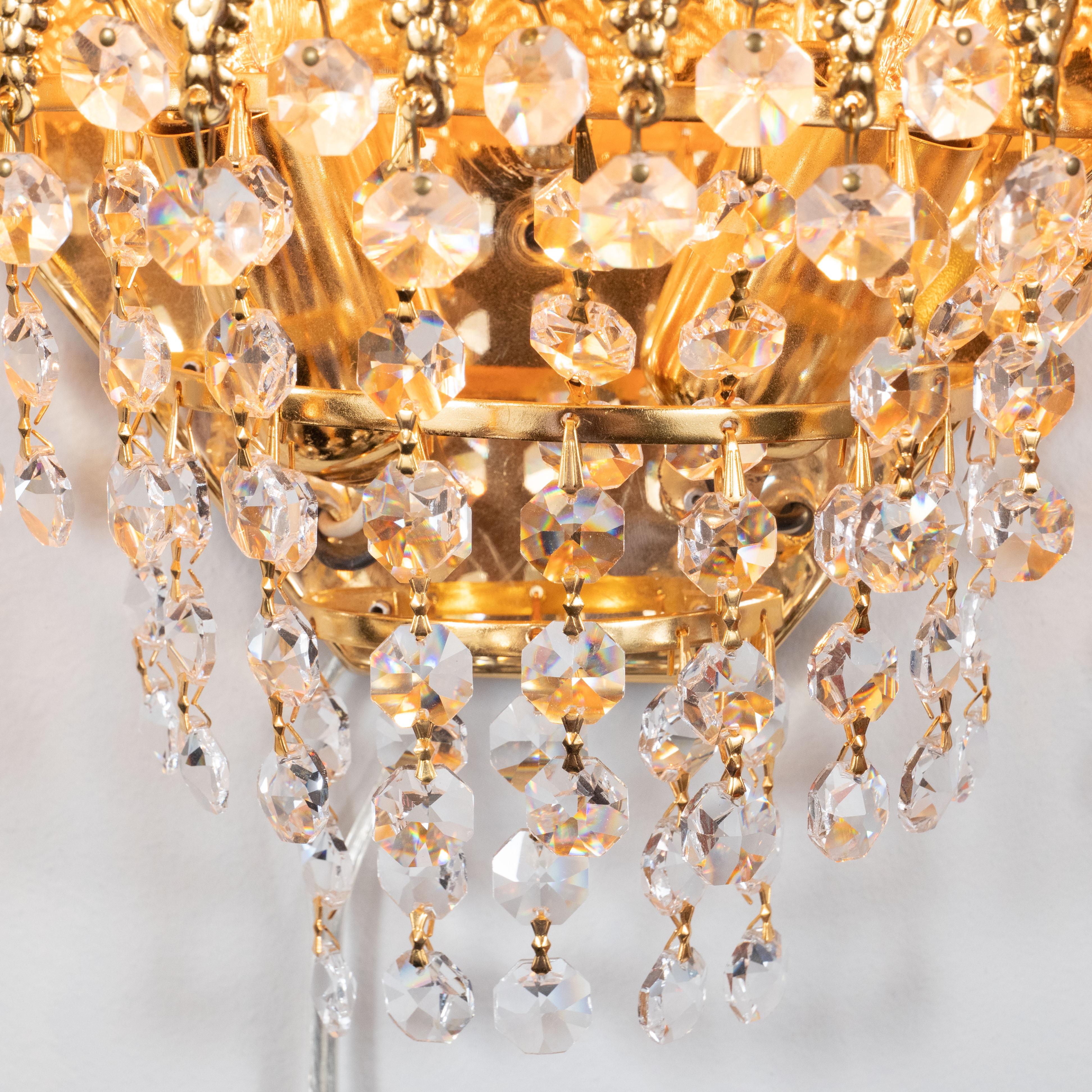 American Hollywood Regency Faceted Crystal Teardrop Sconces with Gold-Plated Fittings
