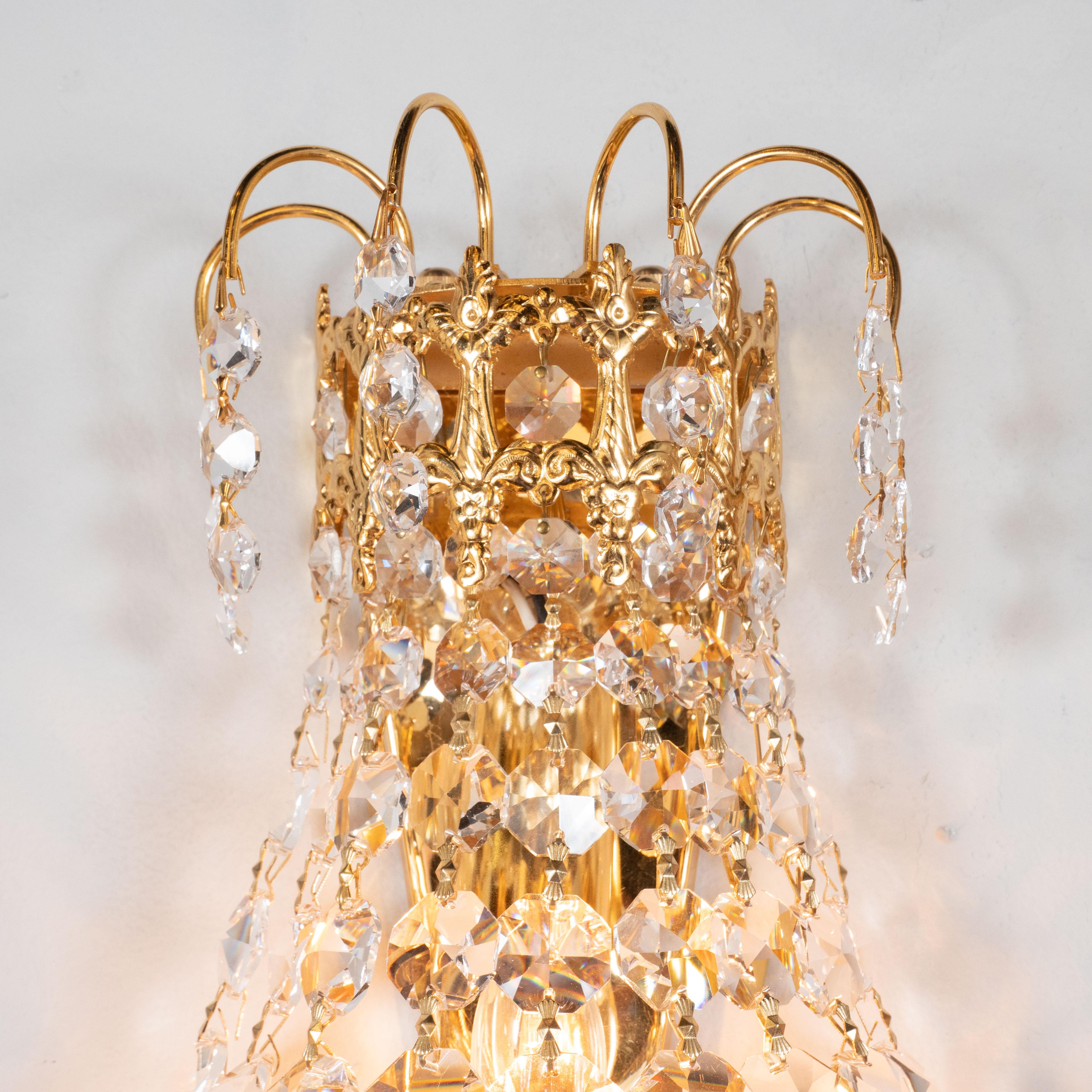 Mid-20th Century Hollywood Regency Faceted Crystal Teardrop Sconces with Gold-Plated Fittings