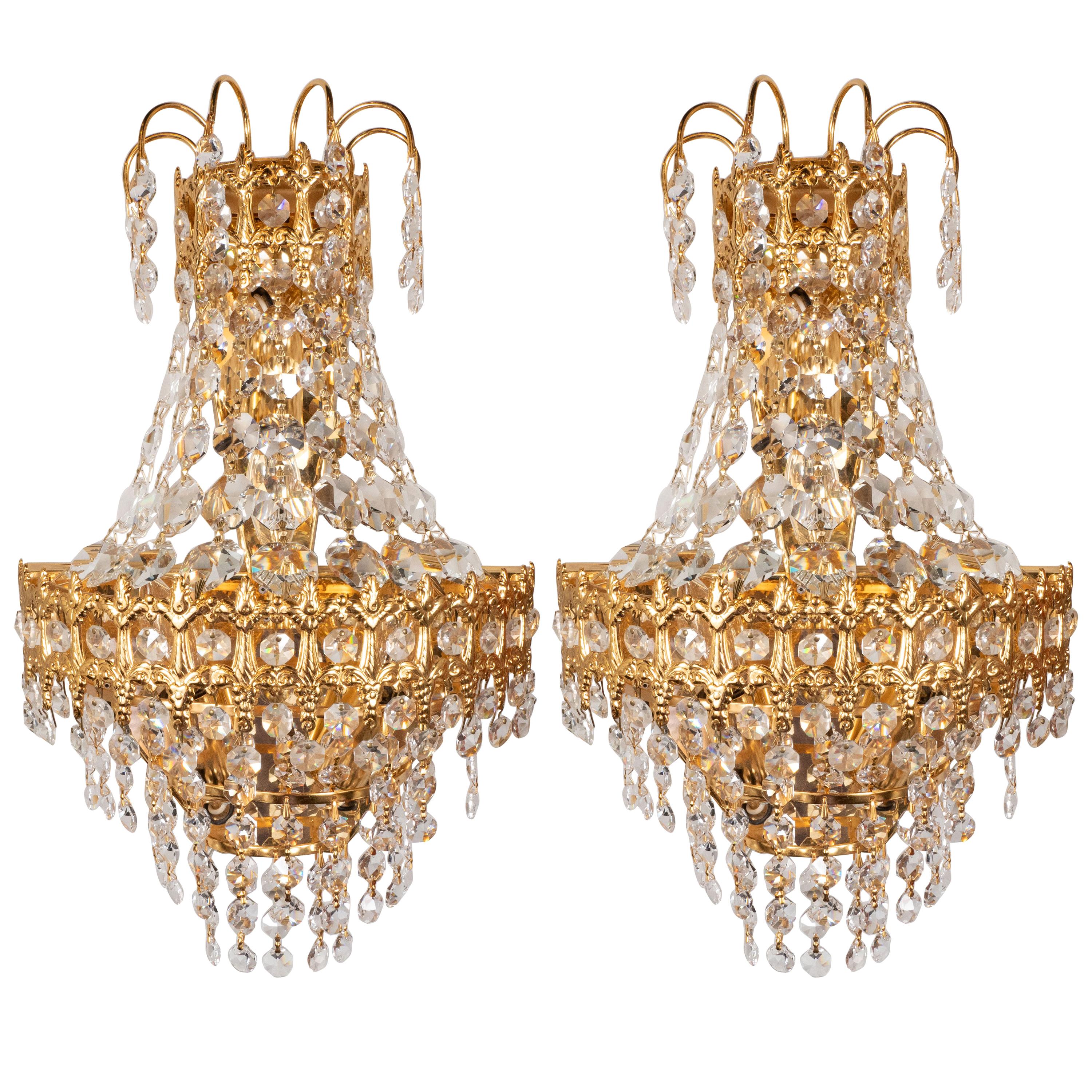 Hollywood Regency Faceted Crystal Teardrop Sconces with Gold-Plated Fittings