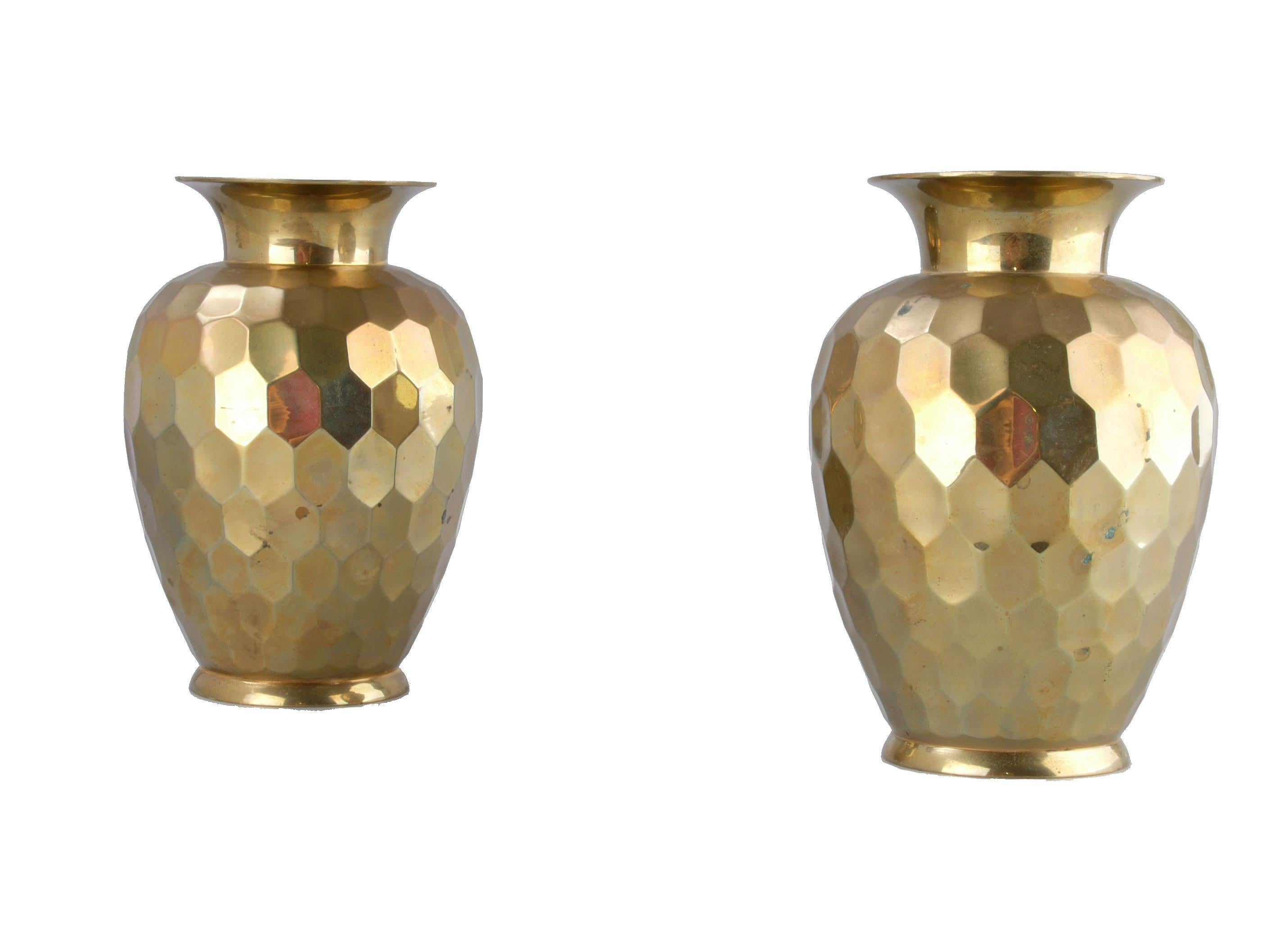 American Pair Hollywood Regency Faceted Decorative Brass Vases For Sale