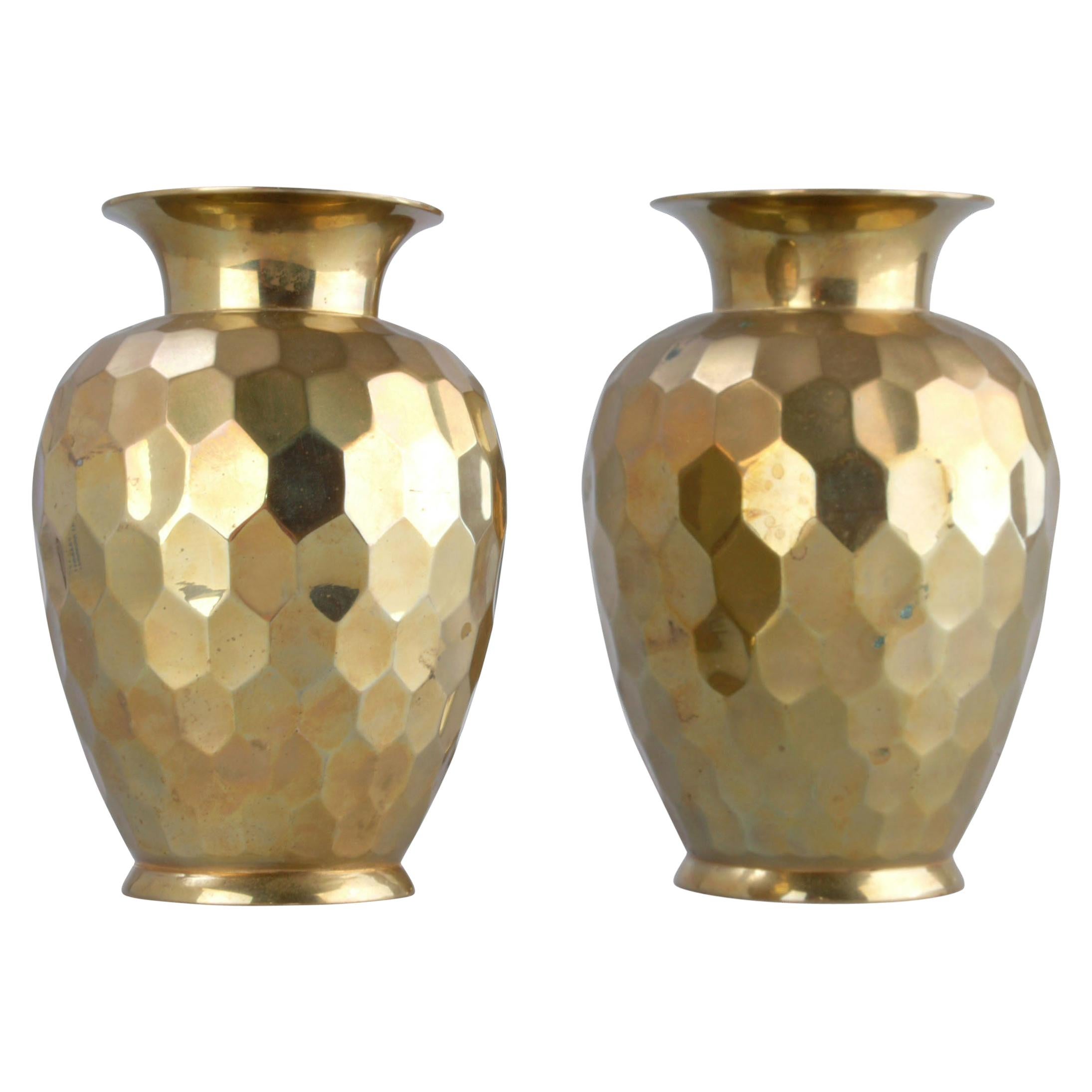 Pair Hollywood Regency Faceted Decorative Brass Vases