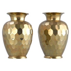 Retro Pair Hollywood Regency Faceted Decorative Brass Vases