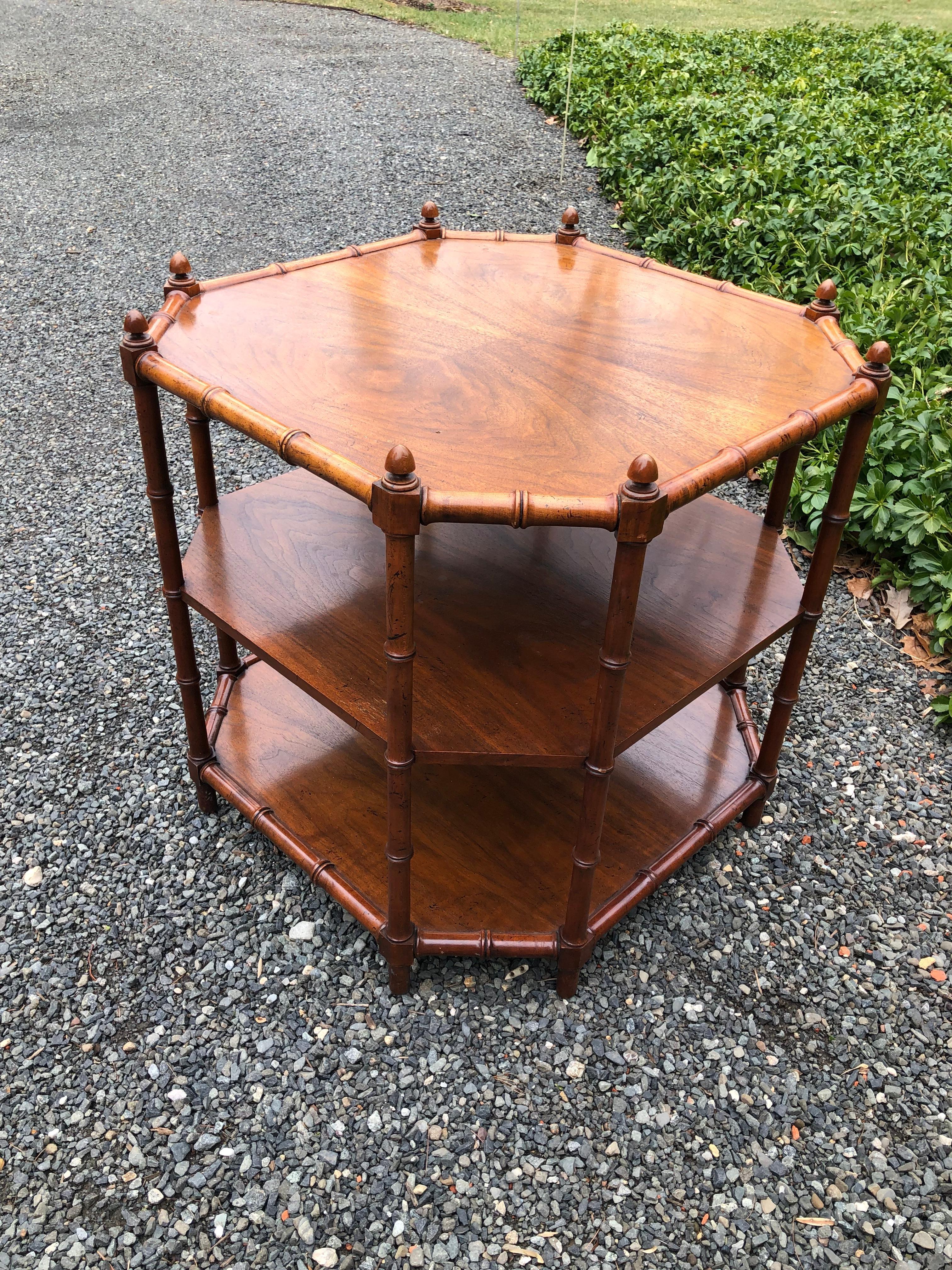 Hollywood regency faux bamboo end table in walnut. Table has three tiers and is octagonal in shape. Handsome and functional. Unmarked.