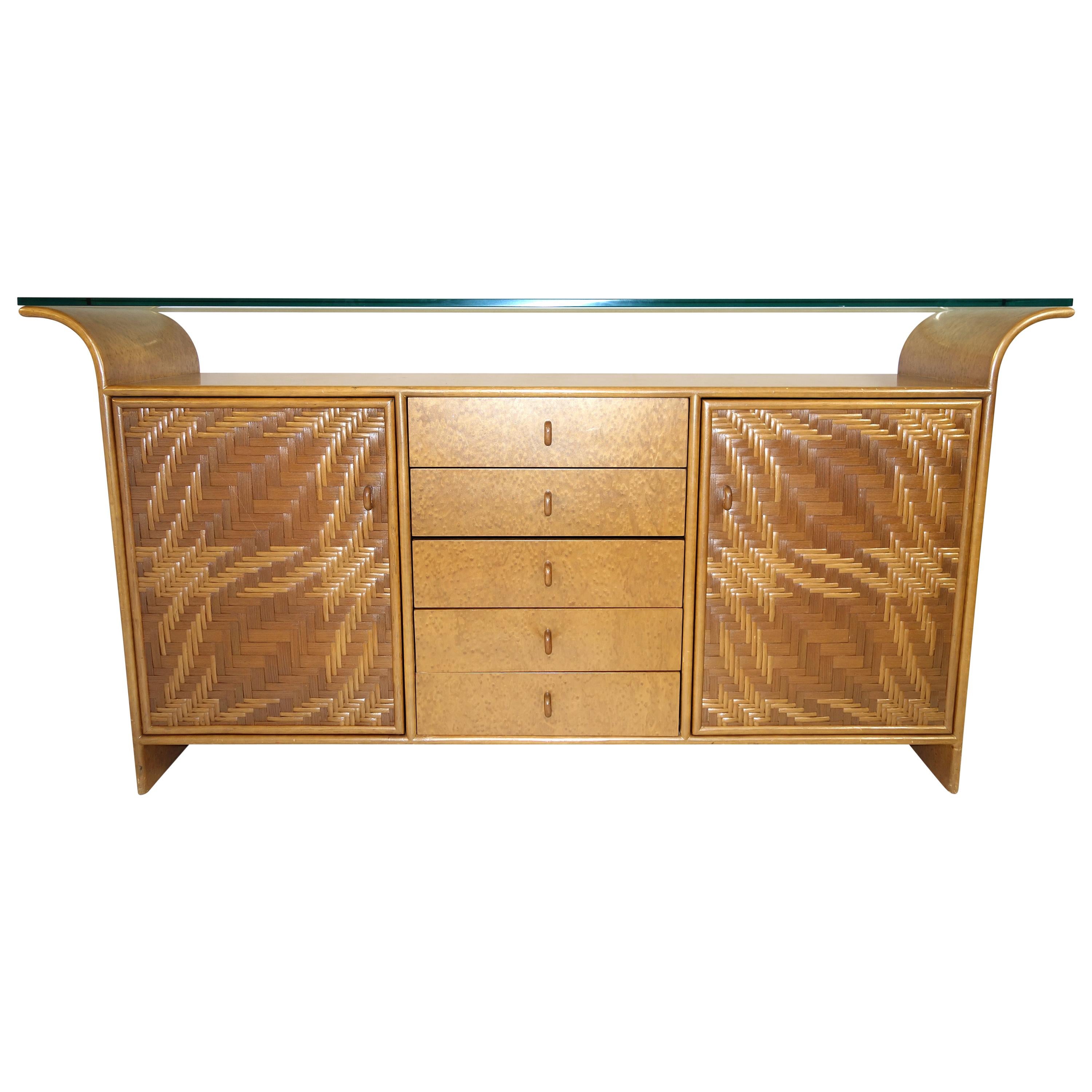 Hollywood Regency Faux Bamboo and Wood Credenza Buffet Sideboard with Glass Top